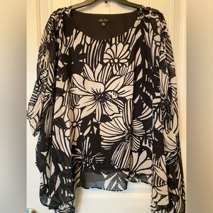 Melissa Paige chiffon pullover shark-bite top w/criss-cross detailed shoulders